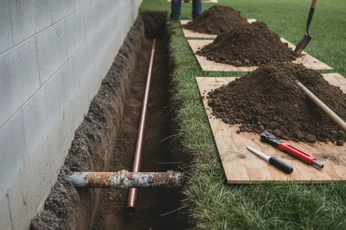 Excavated water line trench during Water Softener Installation in Wethersfield